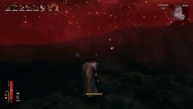 赤い火の粉が降り注ぎ、地面は黒く焼け焦げている土地を探索している場面