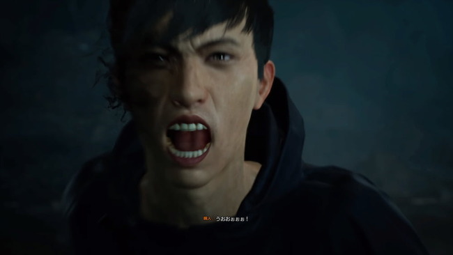 ムービーシーンにて、感情が高ぶり叫ぶ主人公の暁人