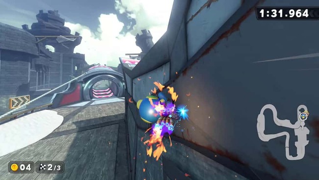 ワリオシップのタイムアタックにて、今作から追加された新アクションの壁走りを行っているポイハナ