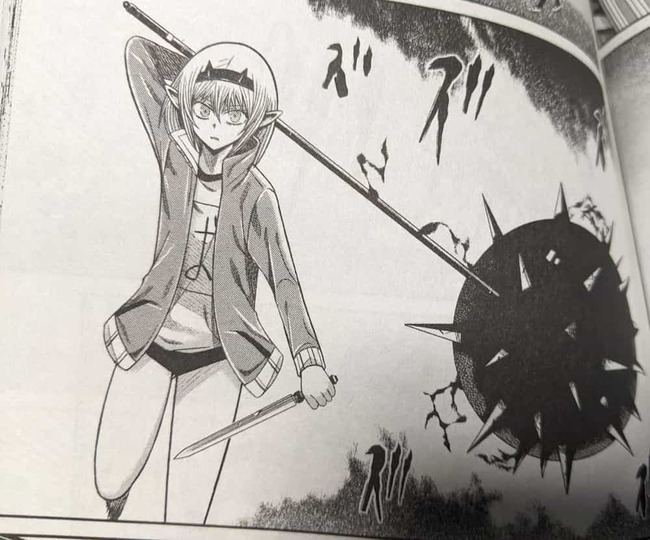 小柄な魔王が巨大なトゲ付き鉄球の武器を構えているシーン