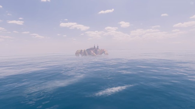 一面に広がる海原と遠方に微かに見える巨大なカニを落下しながら視認するソニア