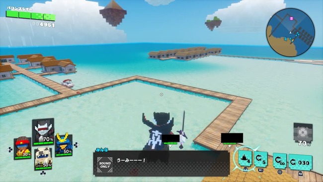 浅瀬の海に立ち並ぶコテージを空中から見下ろすバロンブラザー