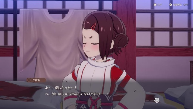 拠点の神社にて楽しかったと呟くも、はしゃいでないと言い訳をしている主人公の娘のつゆ