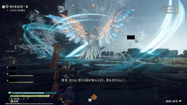 白い烏の様な獣、シロマトイとの戦闘シーン