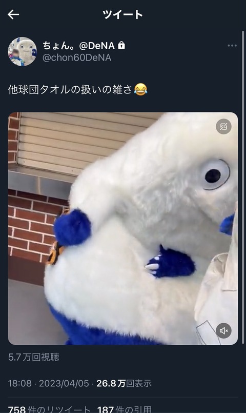 【悲報】横浜Deのマスコット、巨人のタオルでとんでもないことをしてしまう・・・