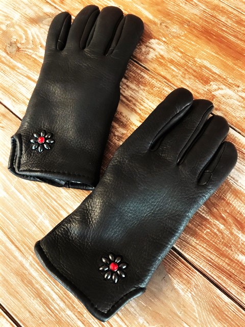 HTC フラワースタッズ　レザーグローブ　手袋　本革　美品　黒　アメリカ製 HTCレザーグローブ 手袋 フラワースタッズ フリーサイズ HTC（エイチ