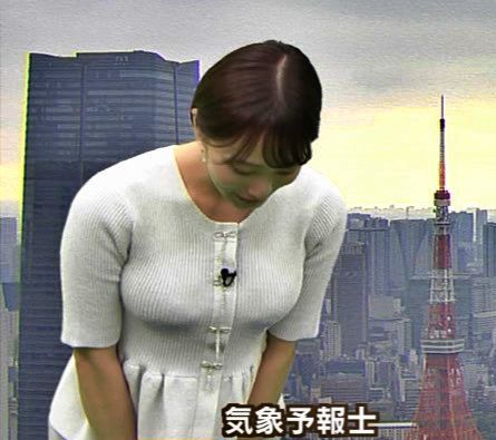 今井春花アナ、今日の白ニットおっぱいデッカ過ぎ！おじぎ乳房タマラン