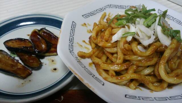 自炊生活 カレー焼うどん 茄子焼き 銀鱗丸 航海日誌
