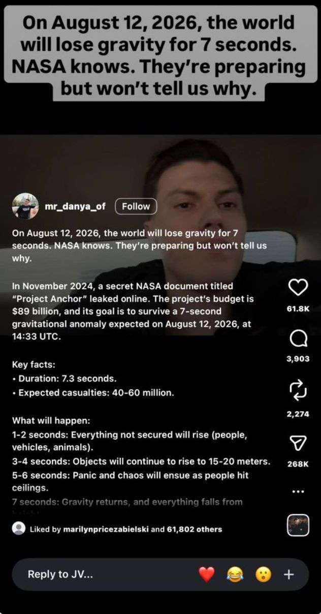 NASAが完全否定。2026年8月12日に地球の重力が7秒間失われるというデマの真相