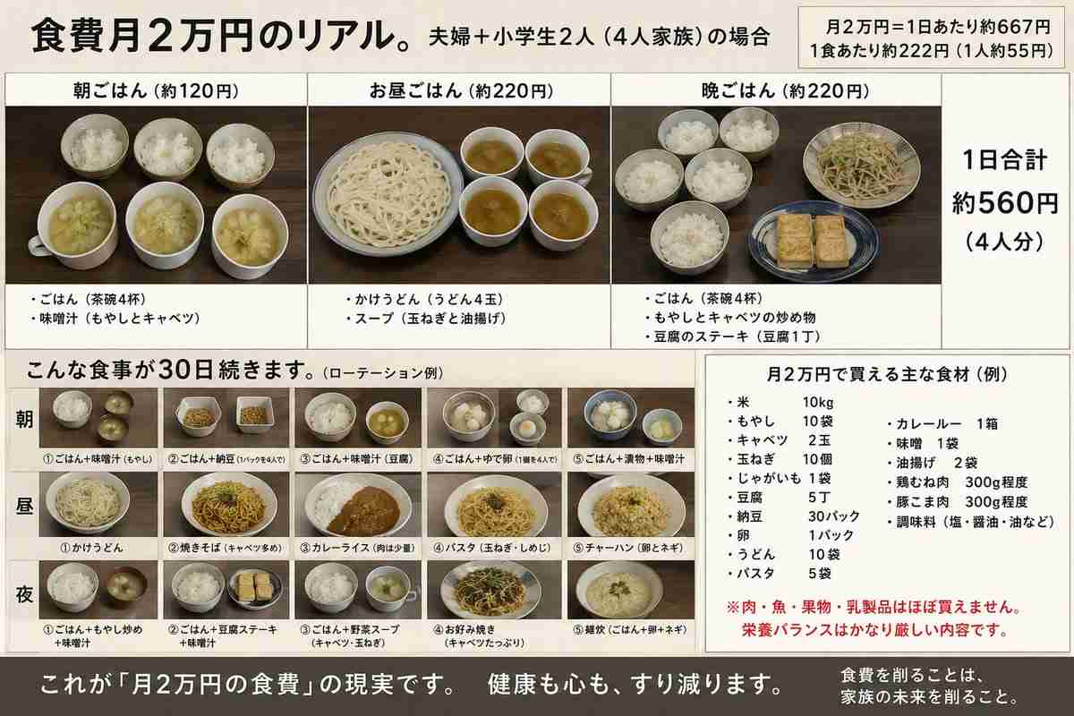 家族4人食費月2万円献立がXで話題に「子どもの成長期には月8万円は必要」「業務スーパー活用なら可能かも」