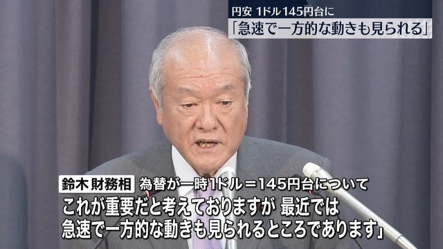 円相場一時1ドル145円台に…鈴木財務相「行き過ぎた動きに対して適切に対応」　為替介入なども含め準備があることを示唆