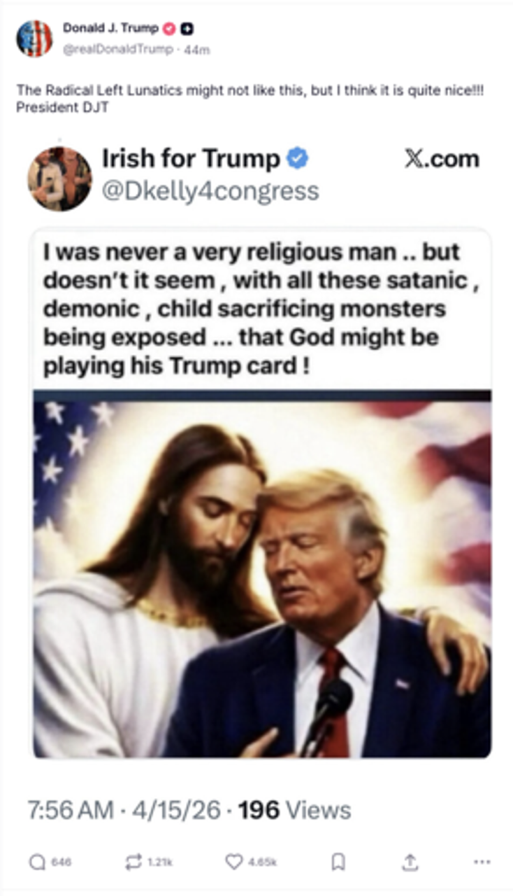 トランプ氏、キリストと並ぶ画像をまた投稿