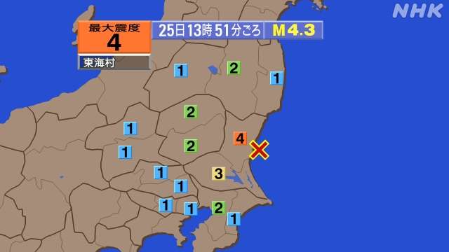 【地震】茨城 東海村で震度4 津波の心配なし