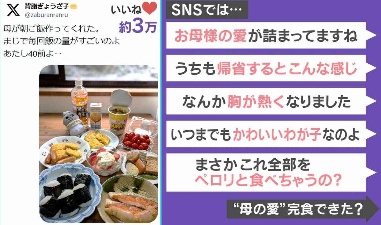 「あたし40前よ…」帰省した娘へ“ボリューム満点朝食” 母の手料理に「お母様の愛が詰まってる」「胸が熱くなった」と反響