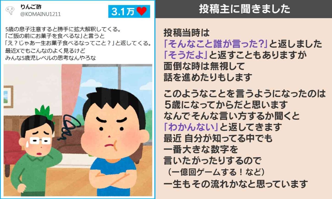 叱られた5歳息子が“極論”「一生お菓子を食べるなってこと？」→投稿主の“鋭い皮肉”に「やや5歳児に失礼w」「大人がやるとクソダサい」など反響