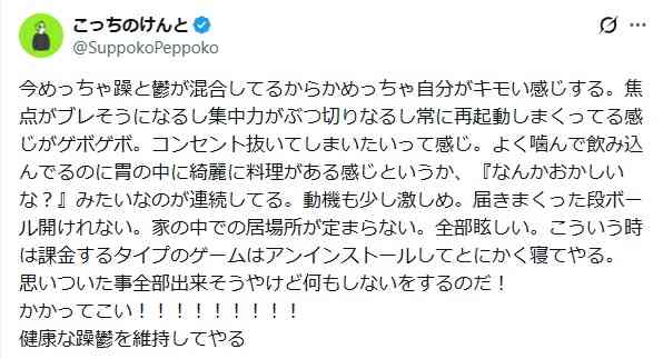 こっちのけんと、躁鬱の混合状態を吐露「コンセント抜いてしまいたい」　対処法は「何もしないをする」