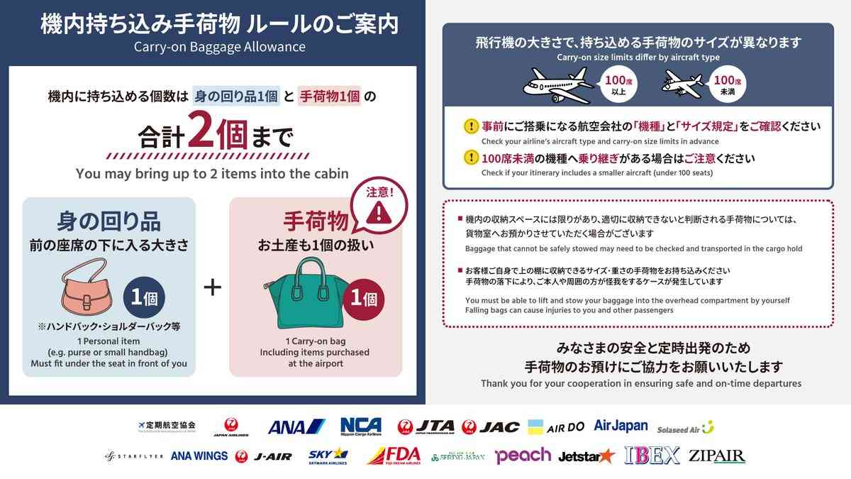 【4月から】飛行機「持ち込み手荷物」業界統一ルール変更 持ち込み個数・土産の扱い・身の回り品の大きさなど【一覧】