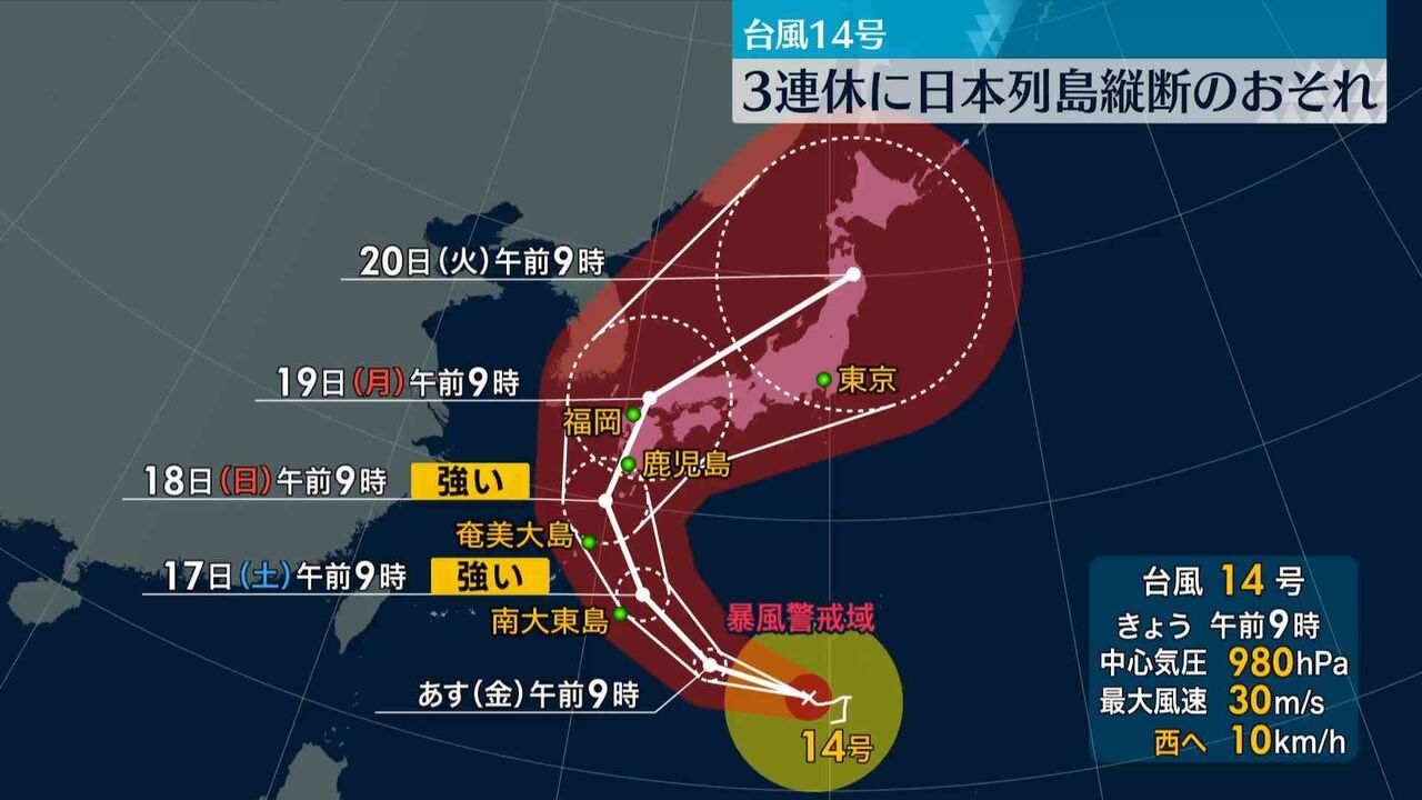 台風14号　3連休に日本列島縦断のおそれ…早めの備えを