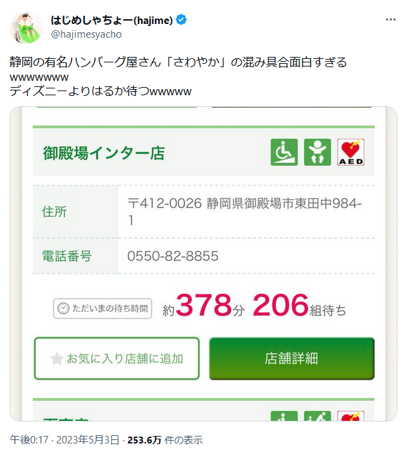 静岡の有名店が6時間超の大行列　衝撃の待ち時間にはじめしゃちょー「面白すぎるwww」