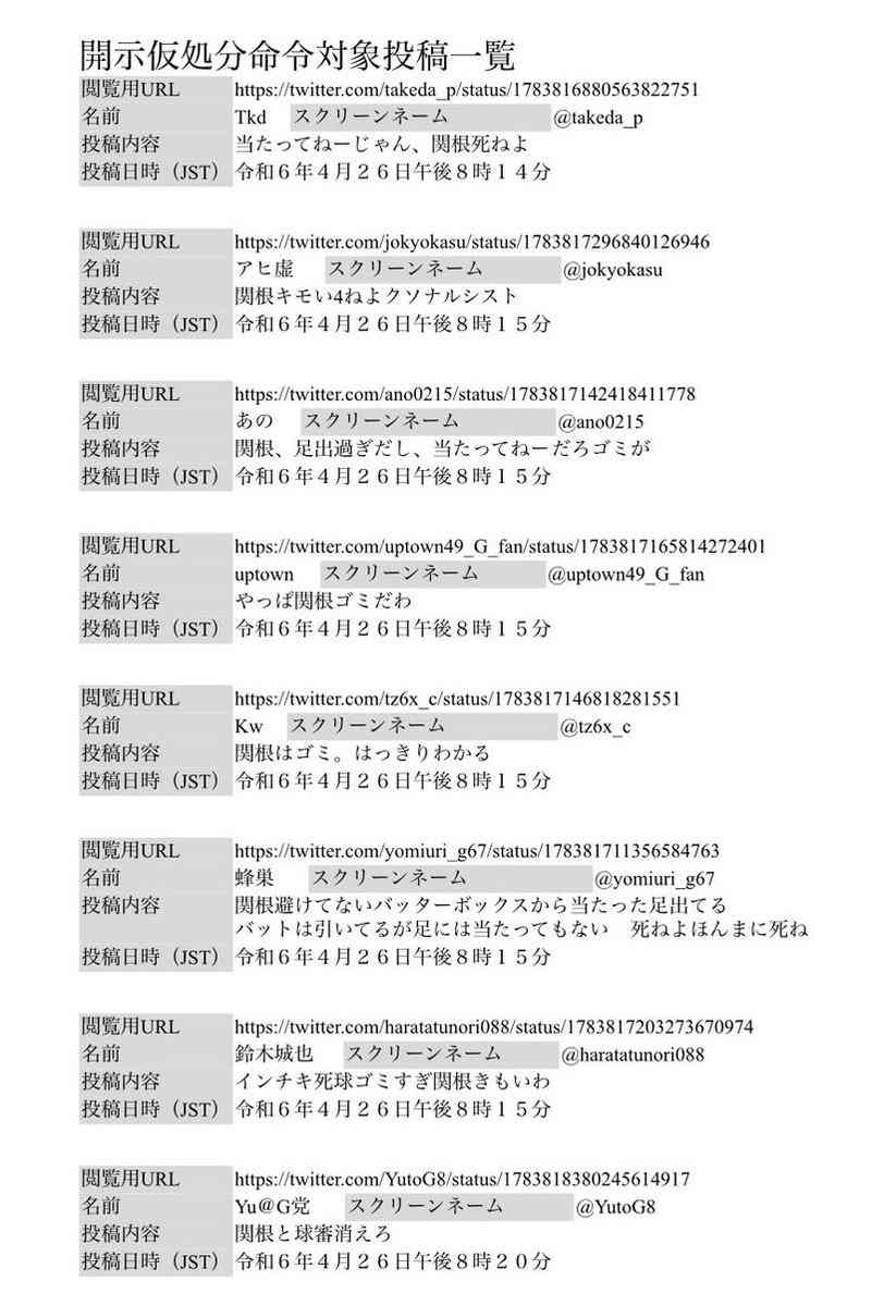 DeNA・関根大気、誹謗中傷に「情報開示命令申立が認められました」　対象の投稿詳細も公表