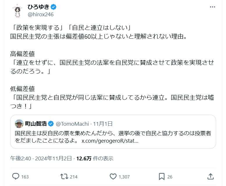 ひろゆき氏「国民民主党の主張は偏差値60以上じゃないと…」偏差値の高低で理解度の差を例示