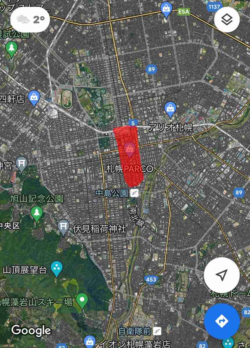 【画像】札幌市は非常に広大ですが。札幌市民が「マチに行く」と言った場合はこの赤い狭い範囲に出向くことを言います
