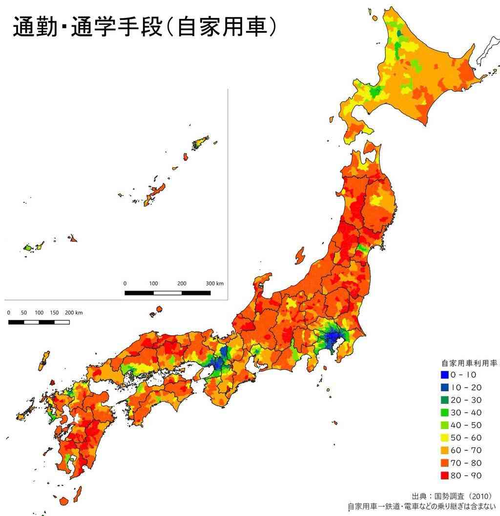 この「通勤・通学に車を使う割合」の地図を見ると車が必須かどうか一撃で分かる→非都市部なのに車不要な特殊な理由も面白い