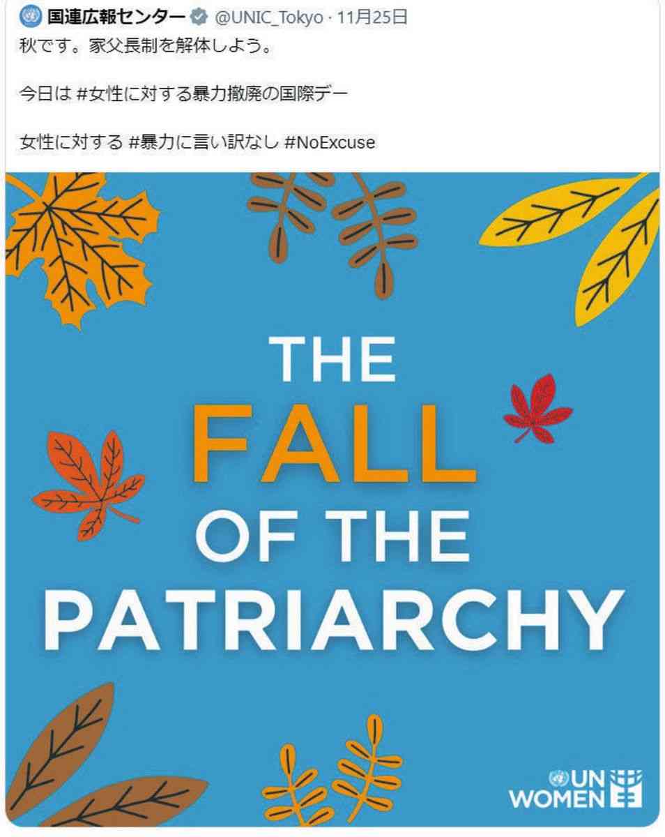 国連広報センターの「家父長制を解体しよう」投稿がSNSで物議「既に絶滅」「結婚しないのが現代」