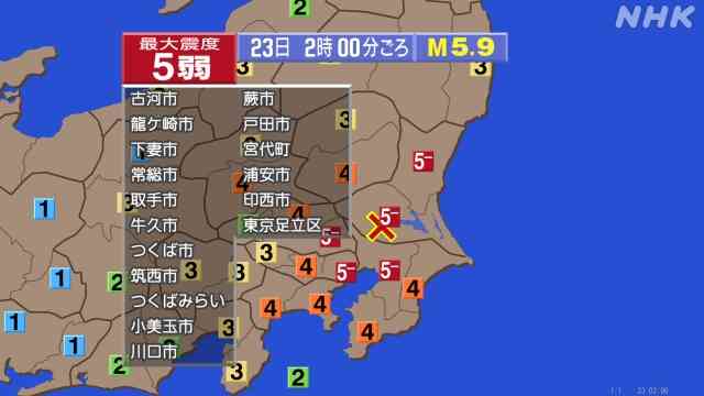地震　東京・茨城・埼玉・神奈川で震度５弱