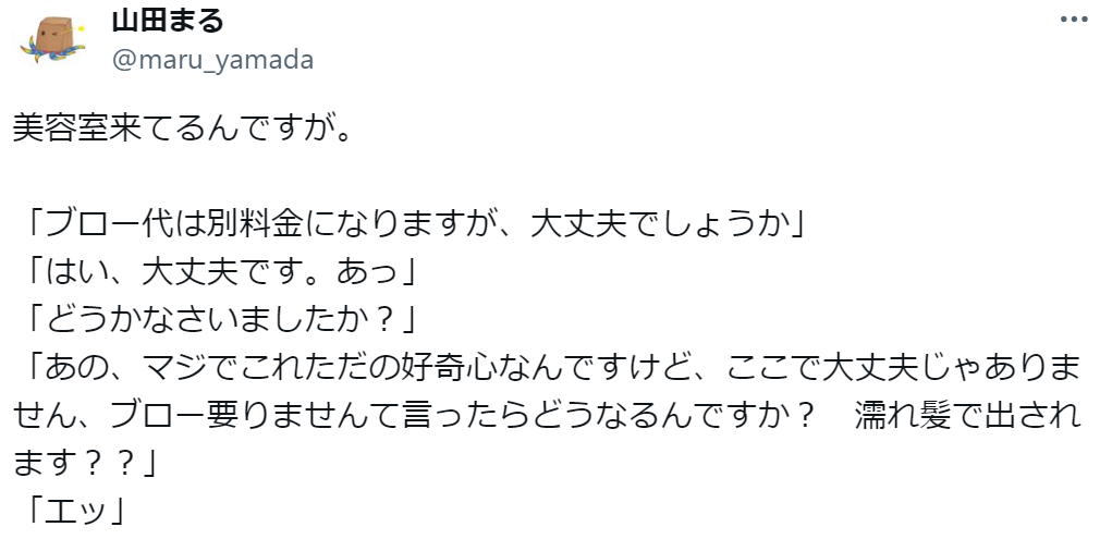 美容師「ブロー代は別料金」→興味本位で「ブロー要りません」と言ってみた結果に8万いいね