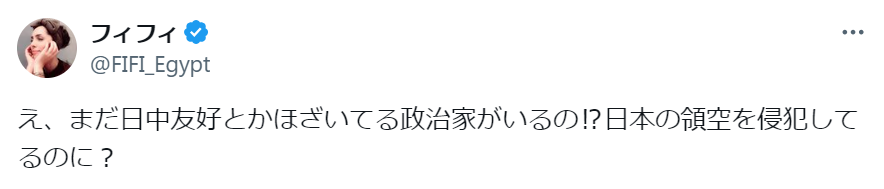 フィフィ「え、まだ日中友好とかほざいてる政治家がいるの!?日本の領空を侵犯してるのに？」