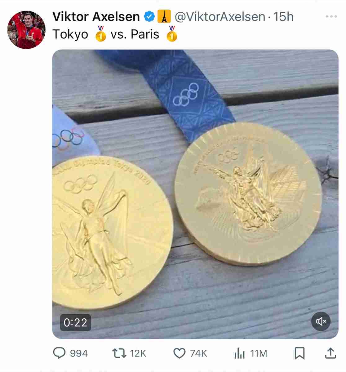 「東京の金メダルはパリより輝いている」東京＆パリ五輪連覇デンマークのバトミントン選手がメダル比較のSNS投稿で波紋…3年と6日経過で劣化と品質の違いが明らかに