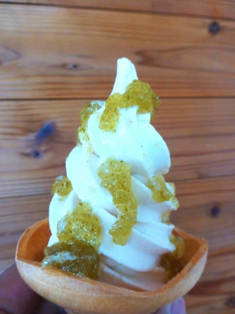 道の駅日向サンパークのへべすソフト。へべすソースと甘乳蘇のハーモニー