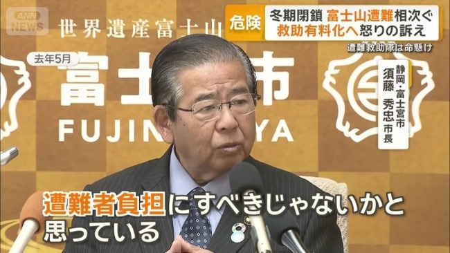 冬期閉鎖中の富士山で遭難相次ぎ富士宮市長が怒り「救助費用は遭難者負担にすべき、自己責任」