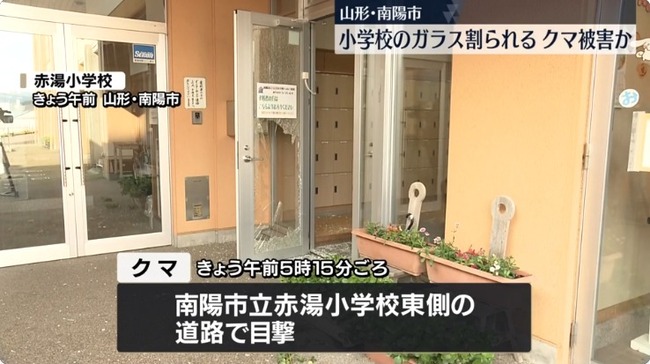 クマ、小学校の来賓用玄関のガラスを割る　臨時休校に