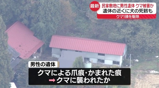 【悲報】岩手・一関の住宅敷地内で遺体発見　クマ被害か