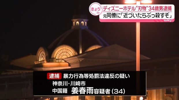 「ホテルミラコスタ」に刃物を持って侵入した中国籍の男(34)を逮捕　「抗議文を配っていたら止められたから中華包丁を取り出しただけ」