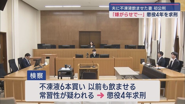 夫に不凍液を飲ませた女に懲役4年を求刑　女「できればなんですけど私のを移植したいなと考えています」