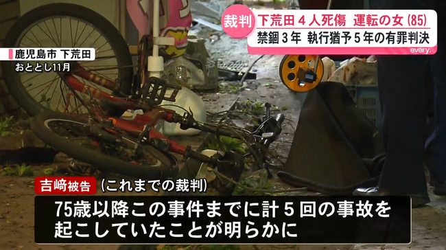 アクセルとブレーキを間違え4人死傷事故の女性(85)に執行猶予判決　過去8年で5回事故