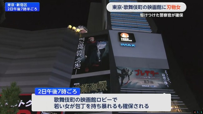 歌舞伎町の映画館に奇声をあげる刃物女　駆けつけた警察官が確保