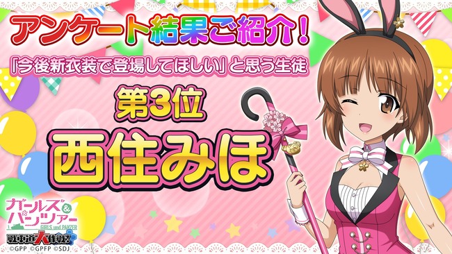 ガルパンソシャゲ「新衣装希望アンケートを発表します。主人公は3位でした。」