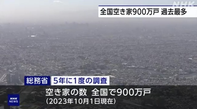 全国の空き家、約900万戸で過去最多に　東京都は約90万戸