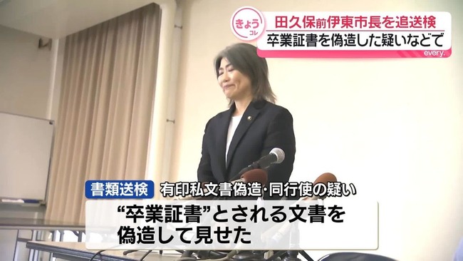 田久保前伊東市長、大学卒業証書偽造の疑いで追送検