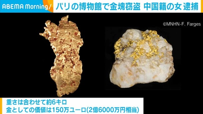 パリの博物館で合計約6kg、2億6,000万円相当の自然金塊が盗まれる → 犯人を逮捕もすでに溶かされた状態に……