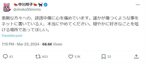 中川翔子、ネット上の誹謗中傷に対して怒りと悲しみを表す
