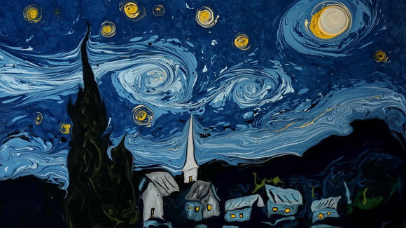 グレートライフ すげげ 凄技 水を張った容器に絵の具を垂らして描くゴッホの星月夜からのゴッホ自画像