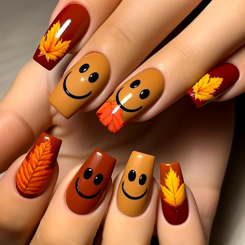 スマイリーの3Dパーツがついた秋っぽいネイル