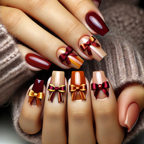 リボンの3Dパーツがメインの秋っぽいネイル
