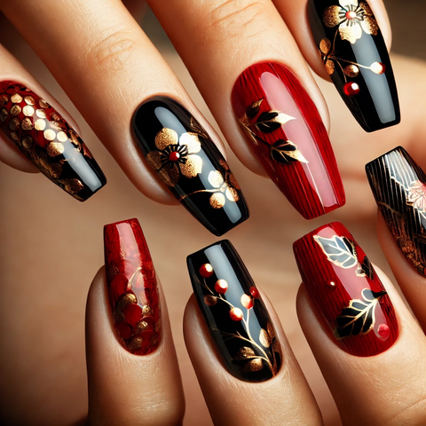 赤と黒で金色の模様が入った漆塗り