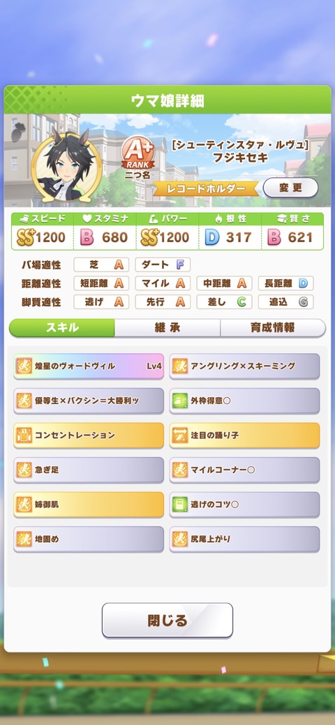 ウマ娘 フジキセキ育成したらこんな感じになった